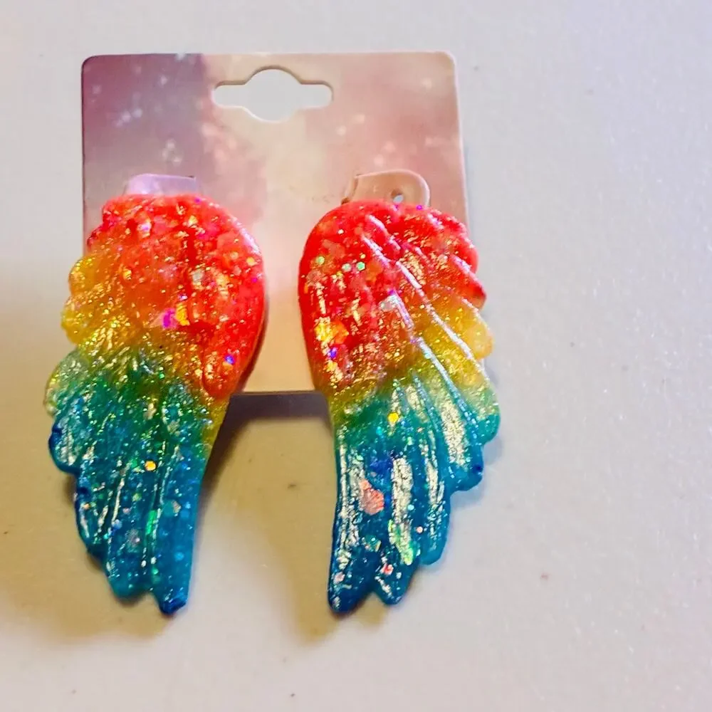 Rainbow Angel Wing Earrings Glitter Resin Statement Fairycore Pride Jewelry
